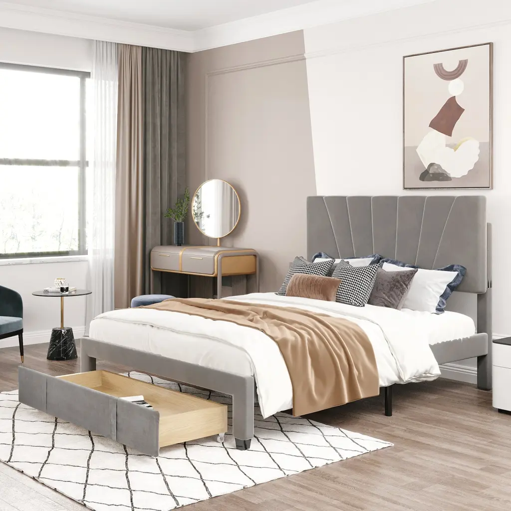 Queen Size Storage Bed Velvet Upholstered Platform and Large Drawer lucky furniture