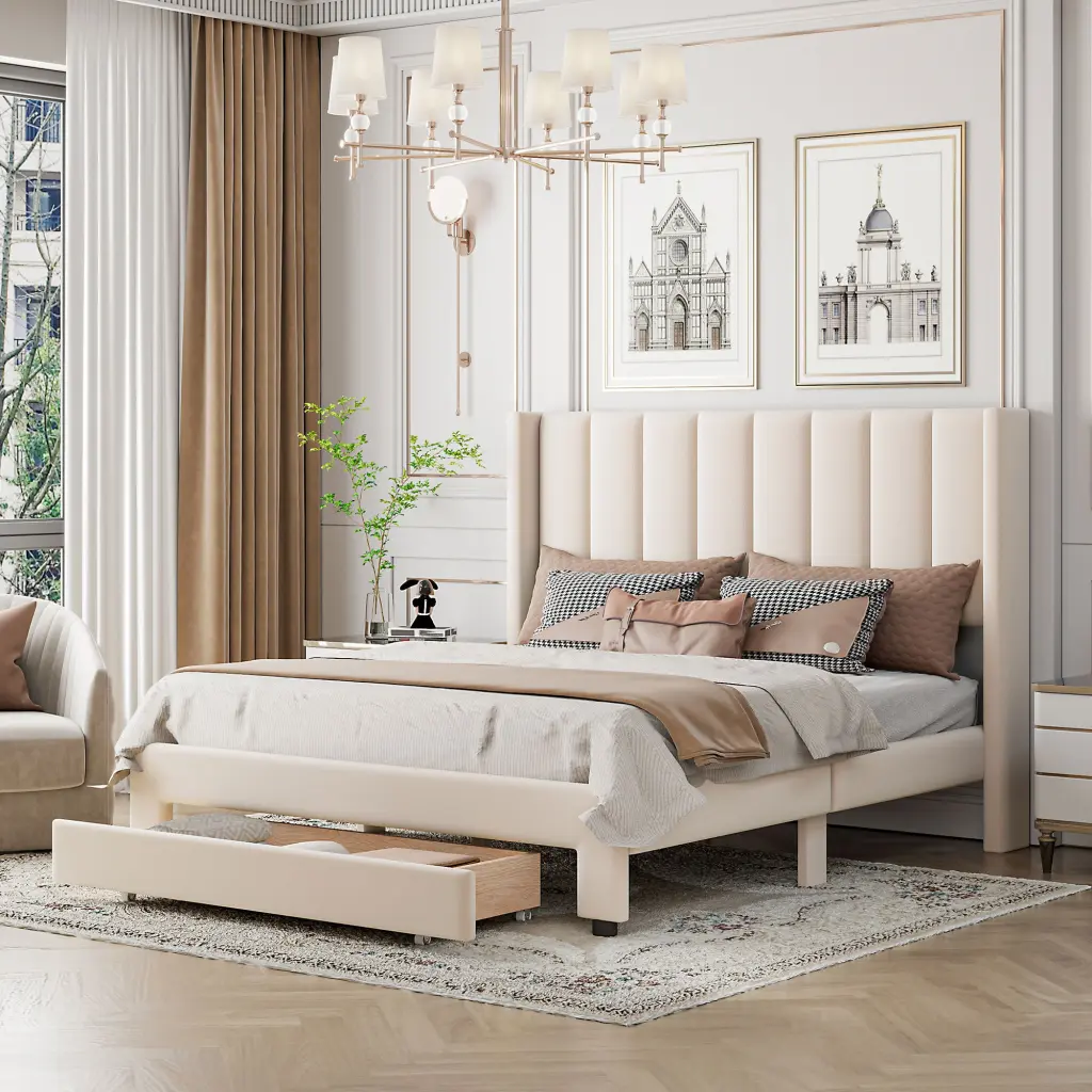 Queen Size Storage Bed Velvet Upholstered Platform Bed Large Drawer lucky furniture