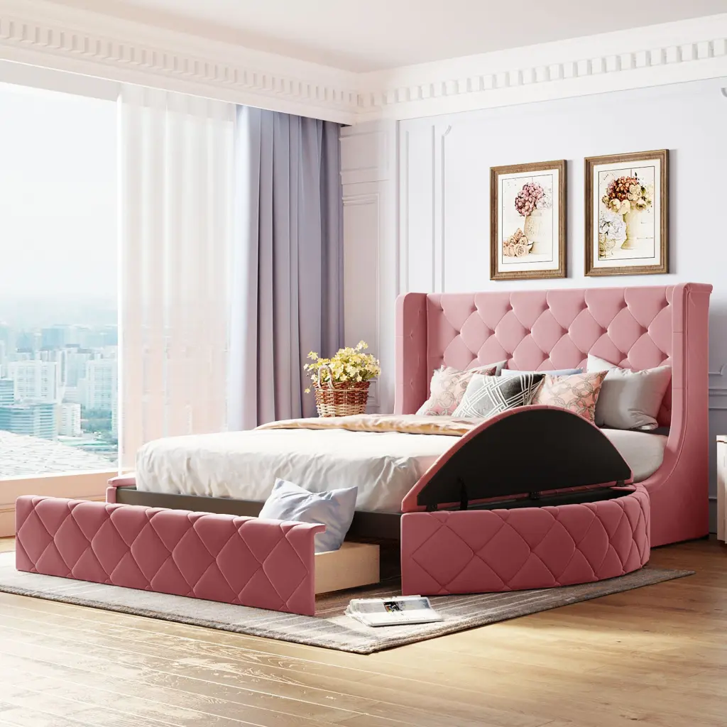 Queen Size Upholstered Platform Bed Storage and Wing Support Headboard Velvet lucky furniture
