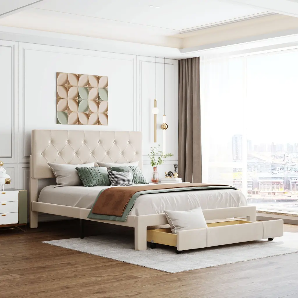 Queen Size Velvet Upholstered Storage Platform Bed Large Drawer lucky furniture