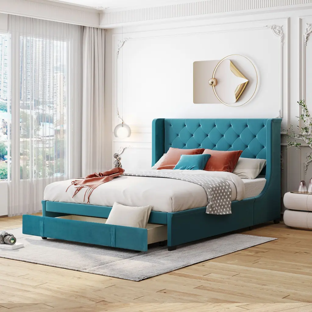 Queen Size Velvet Upholstered Storage Platform Bed Wing Support lucky furniture