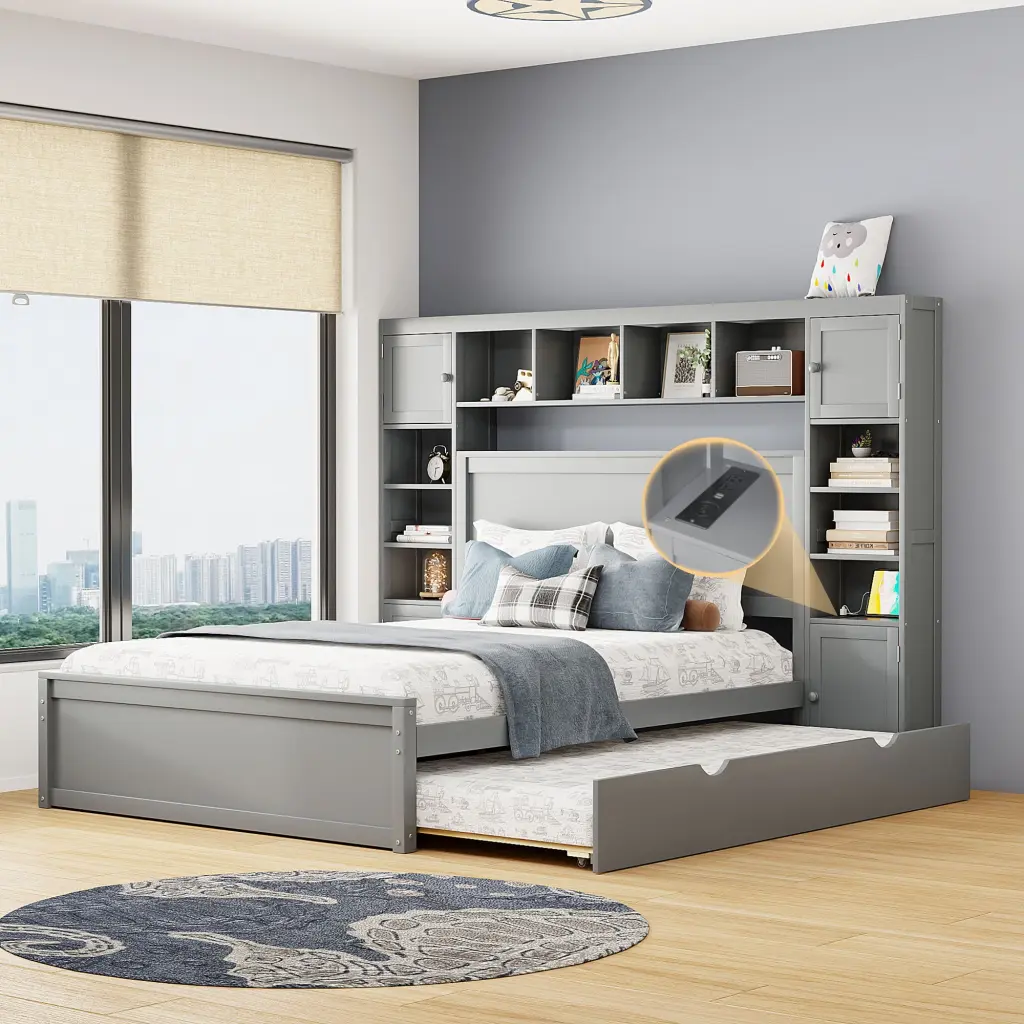 Queen Size Wood Bed Frame Built- Cabinet Shelves and Electrical Sockets lucky furniture