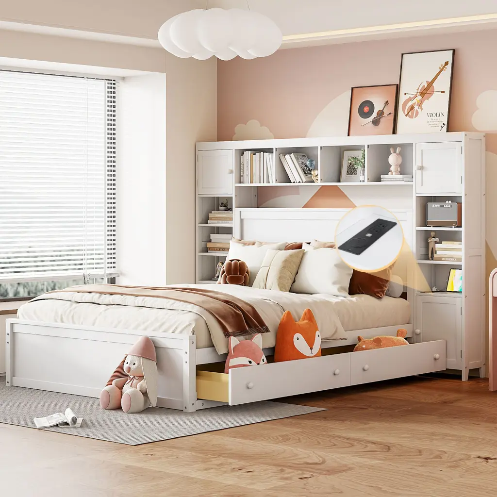 Queen Size Wooden Bed Built- Cabinet, Shelf and Outlets White lucky furniture