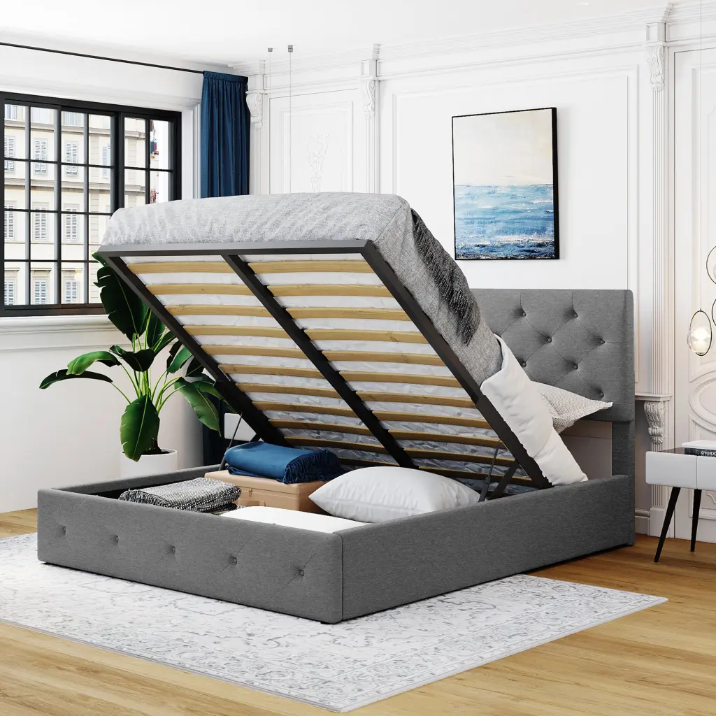 Queen Upholstered Platform Bed Hydraulic Storage System lucky furniture