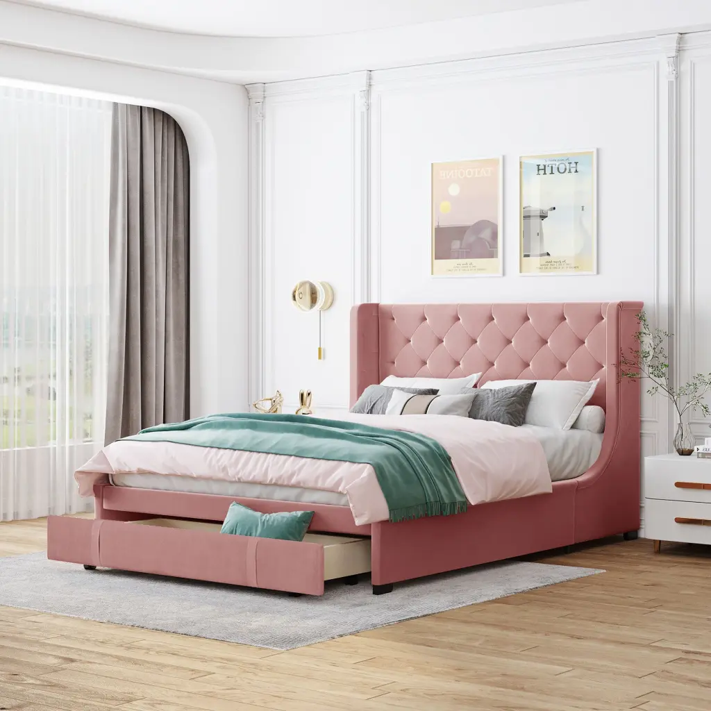 Queen Upholstered Storage Bed Velvet Platform and Wing Support Headboard lucky furniture