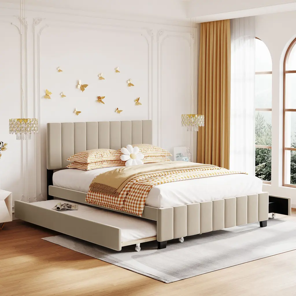 Queen Velvet Upholstered Platform Bed 2 Drawers And 1 Twin XL Trundle lucky furniture