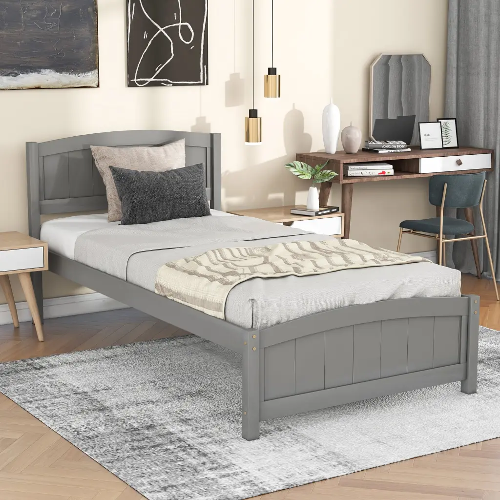 Timber Platform Bed Headboard Footboard and Slat Support Gray Finish lucky furniture