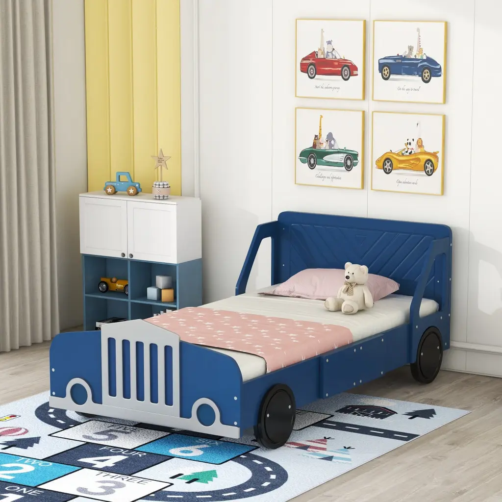 Twin Dimensions Car Influenced Platform Bed Wheels Blue Plywood lucky furniture