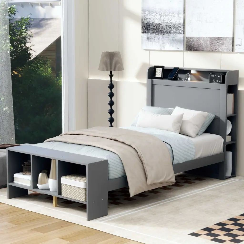 Twin Dimensions Platform Bed Built Shelves, LED Light And USB Ports - Modern Design lucky furniture