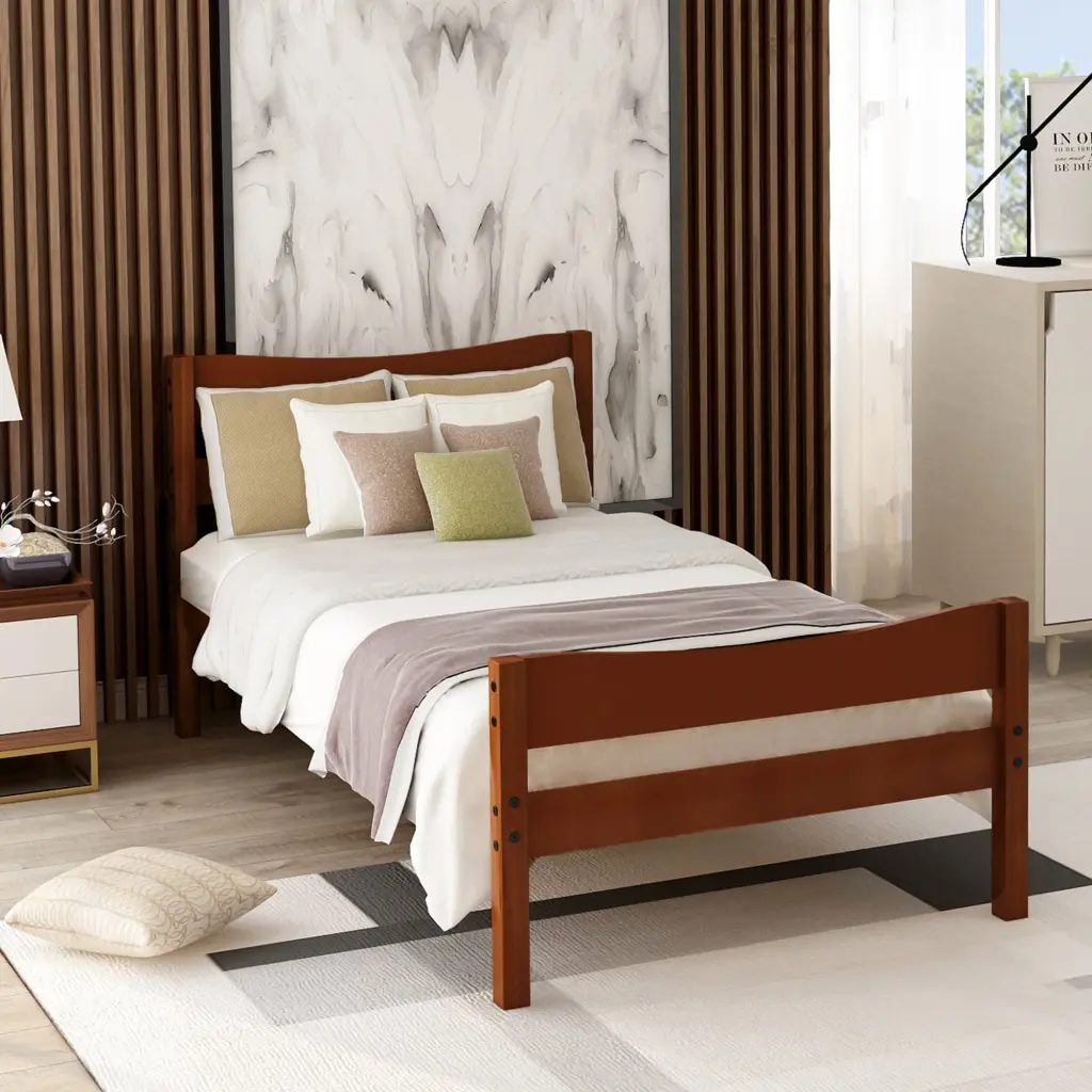 Twin Dimensions Wood Platform Bed Headboard and Wooden Slat Support, Walnut Finish lucky furniture