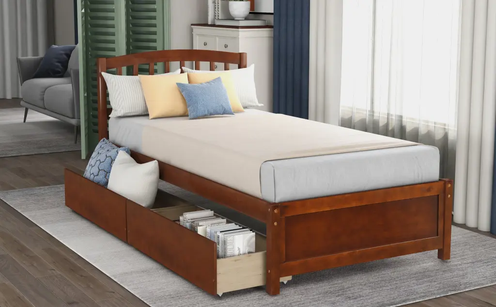 Twin Platform Storage Bed Timber Bed Frame Two Drawers lucky furniture