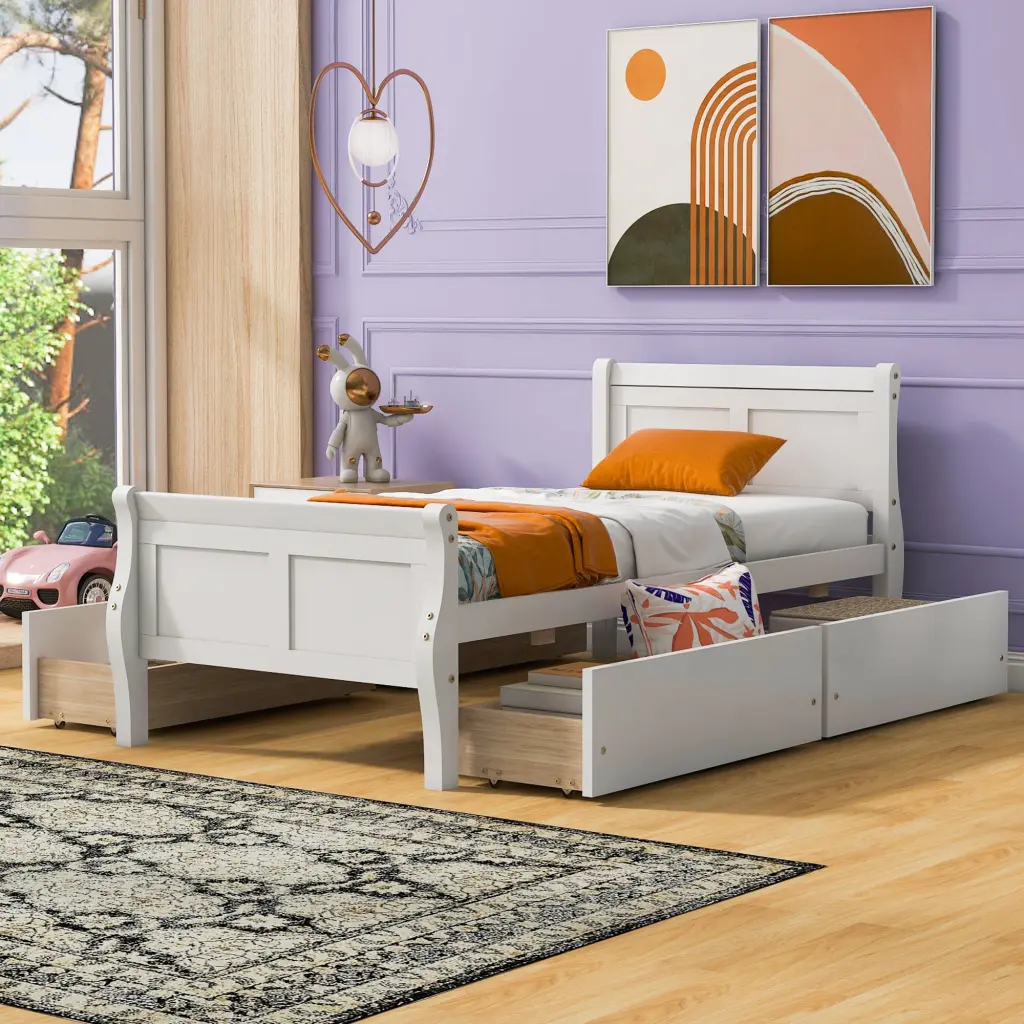 Twin Size Wood Platform Bed 4 Drawers and Simplified Headboard lucky furniture