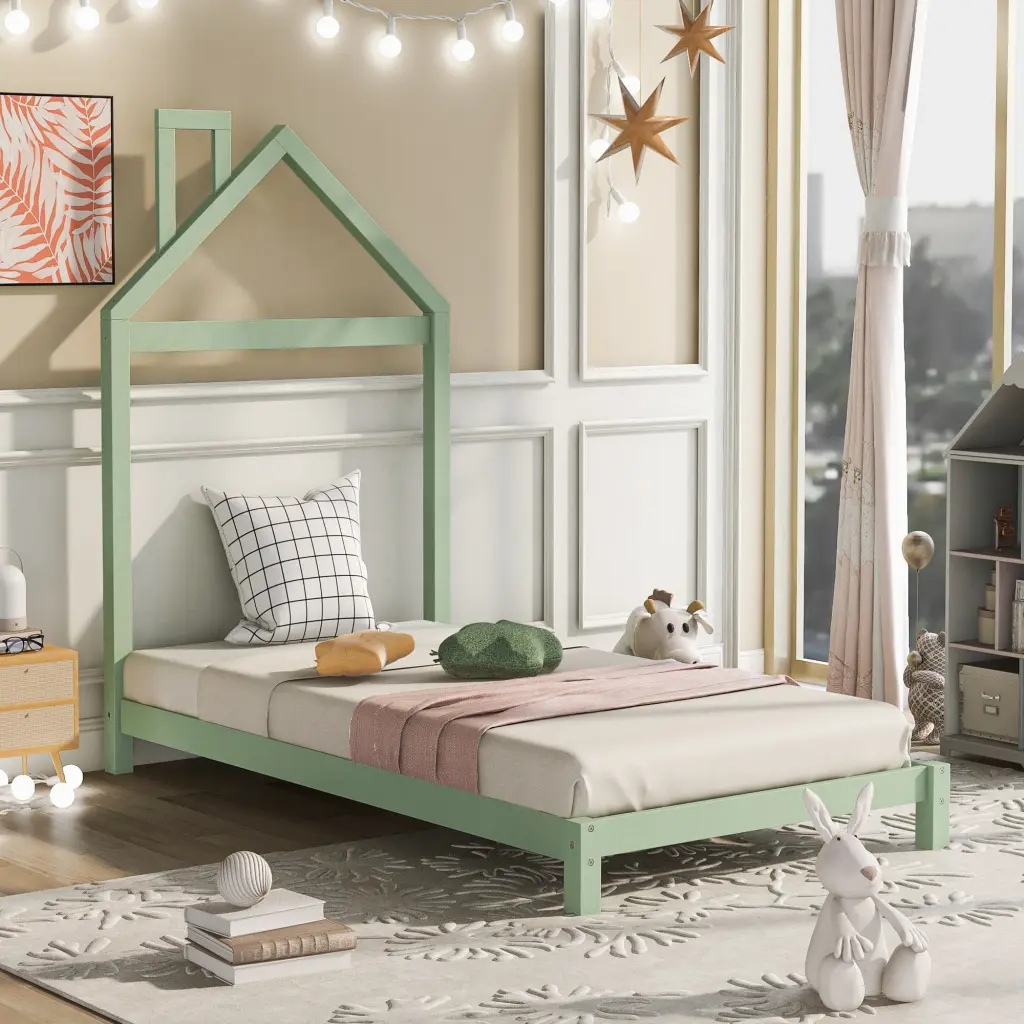 Twin Wood Platform Bed Houtilize Influenced Headboard Green Solid Frame lucky furniture