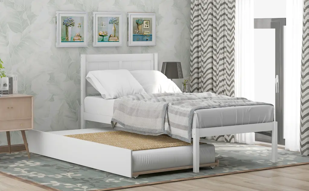 Twin Wood Platform Bed Trundle White Solid Wood Bed Frame lucky furniture