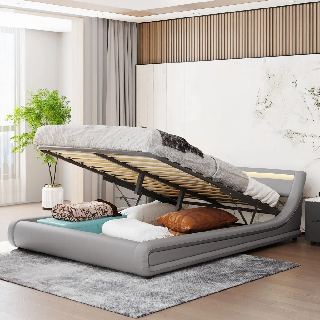 Upholstered Faux Hide Platform Bed Hydraulic Storage System lucky furniture