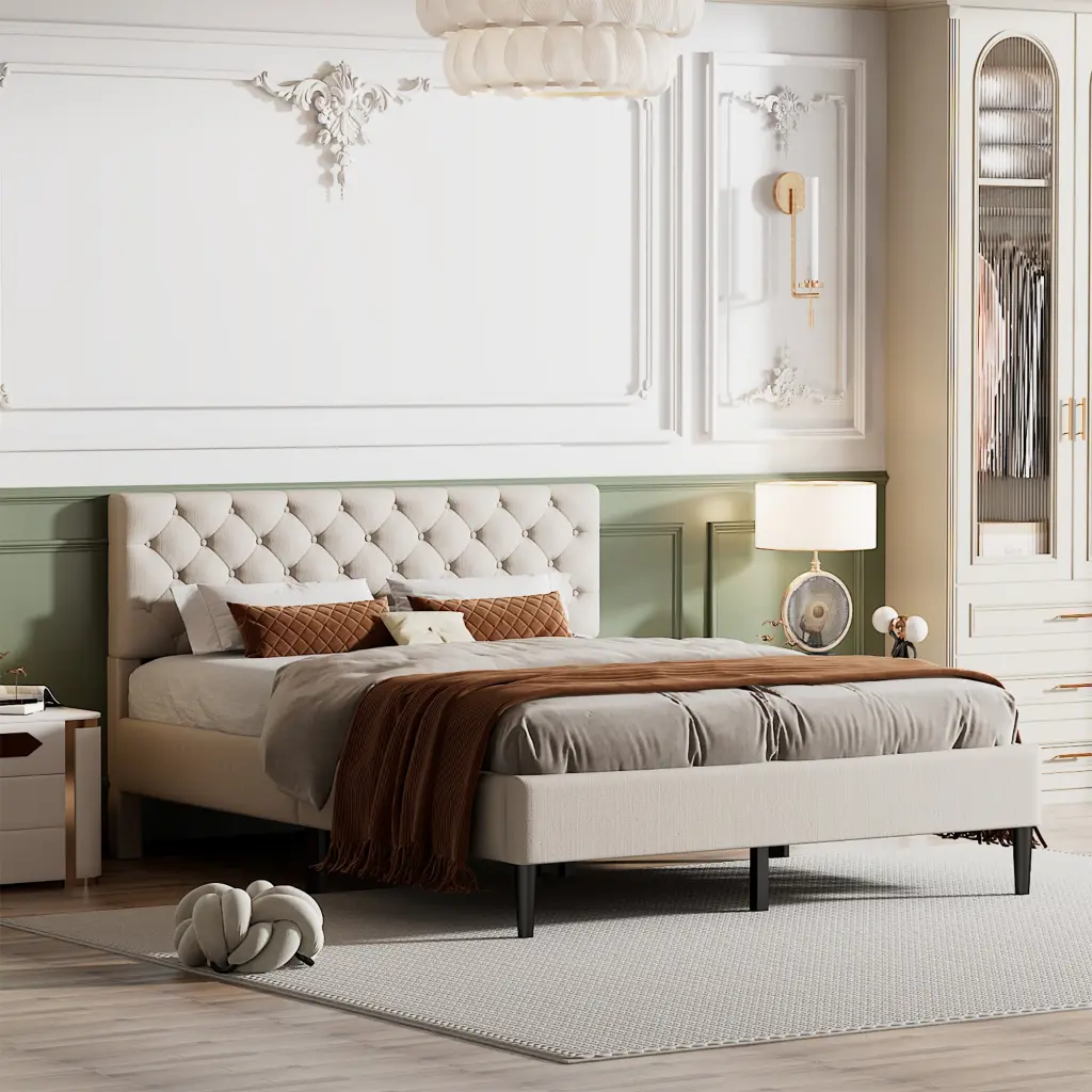 Upholstered Linen Platform Bed Queen Size Beige Linen lucky furniture
