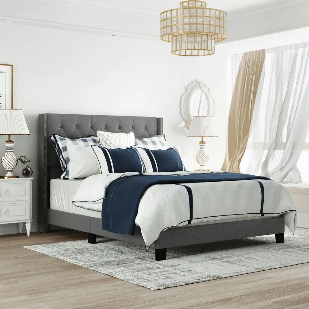 Upholstered Platform Bed Classic Headboard Box Spring Needed lucky furniture