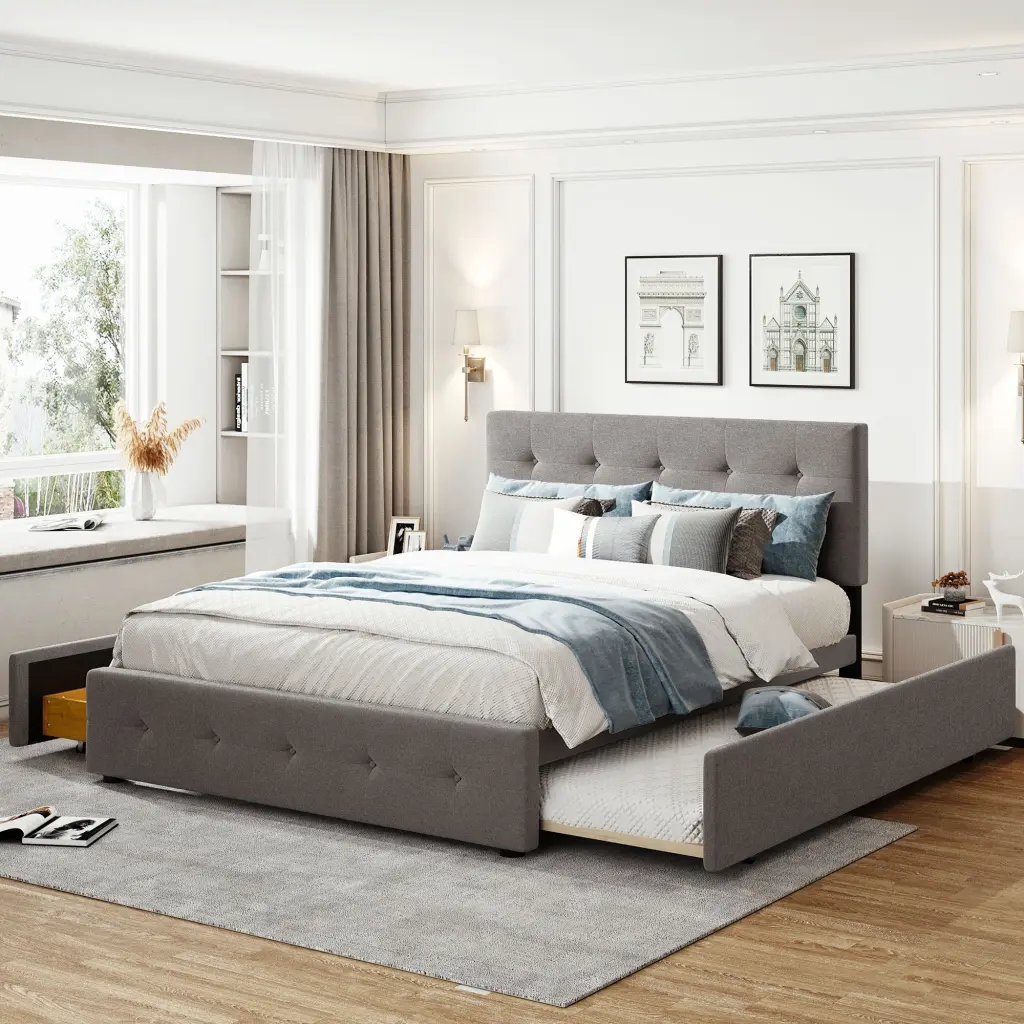 Upholstered Platform Bed 2 Drawers And Twin XL Trundle Linen Fabric lucky furniture
