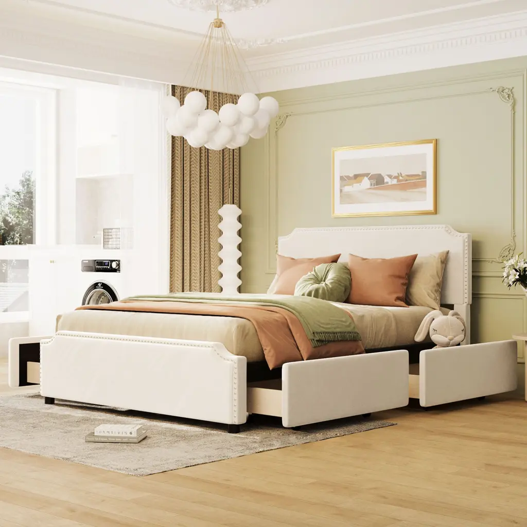 Upholstered Platform Bed Stud Trim - Headboard and Footboard Included lucky furniture