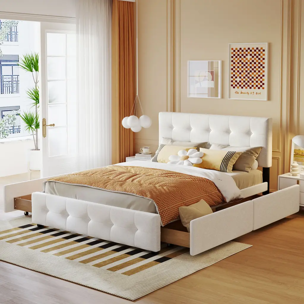 Upholstered Platform Bed Timeless Headboard and 4 Drawers No Box Spring Needed lucky furniture