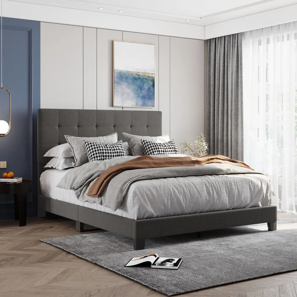 Upholstered Platform Bed Tufted Headboard Box Spring Needed Gray Fabric Bed lucky furniture