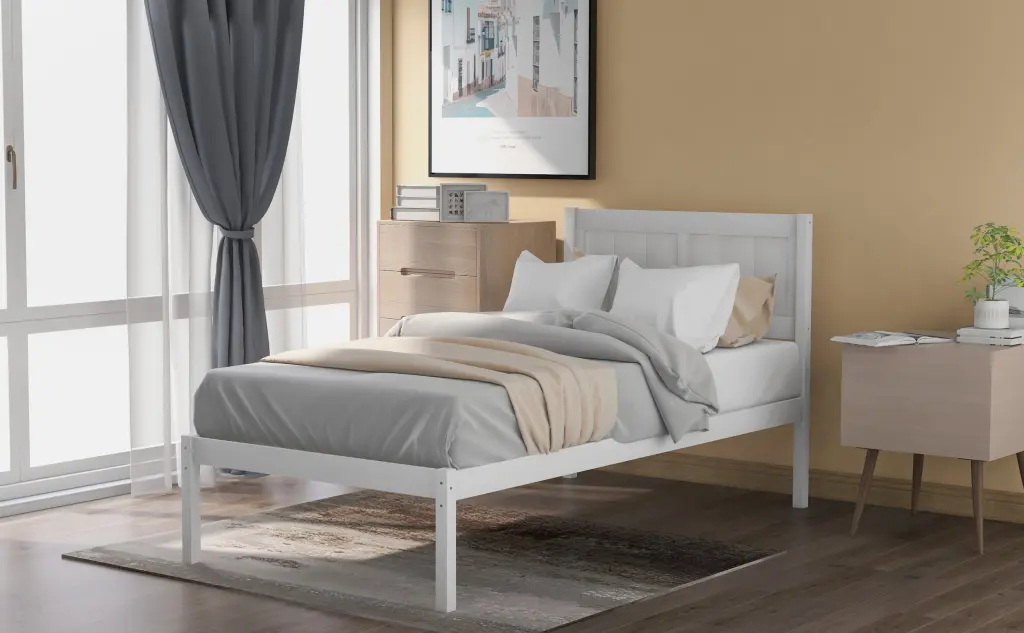 White Wood Platform Bed Headboard - Twin Solid Wood Design lucky furniture
