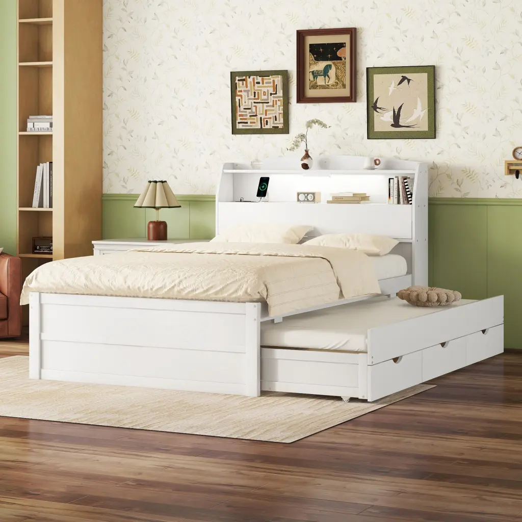 Full Size Wooden LED Platform Bed Trundle Storage Headboard Modern Design lucky home