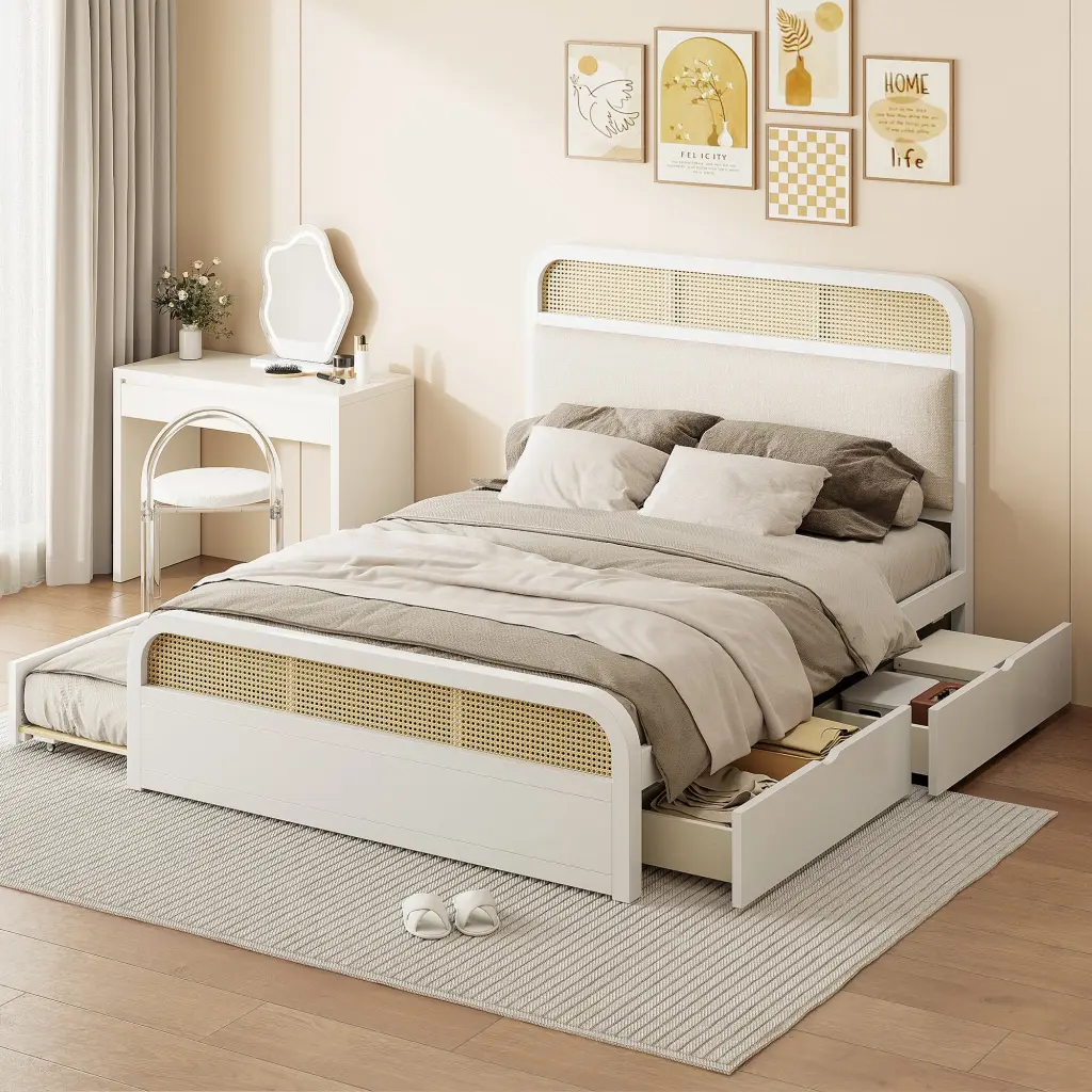Queen Dimensions Timberen Platform Bed Trundle And 2 Drawers White Finish lucky home