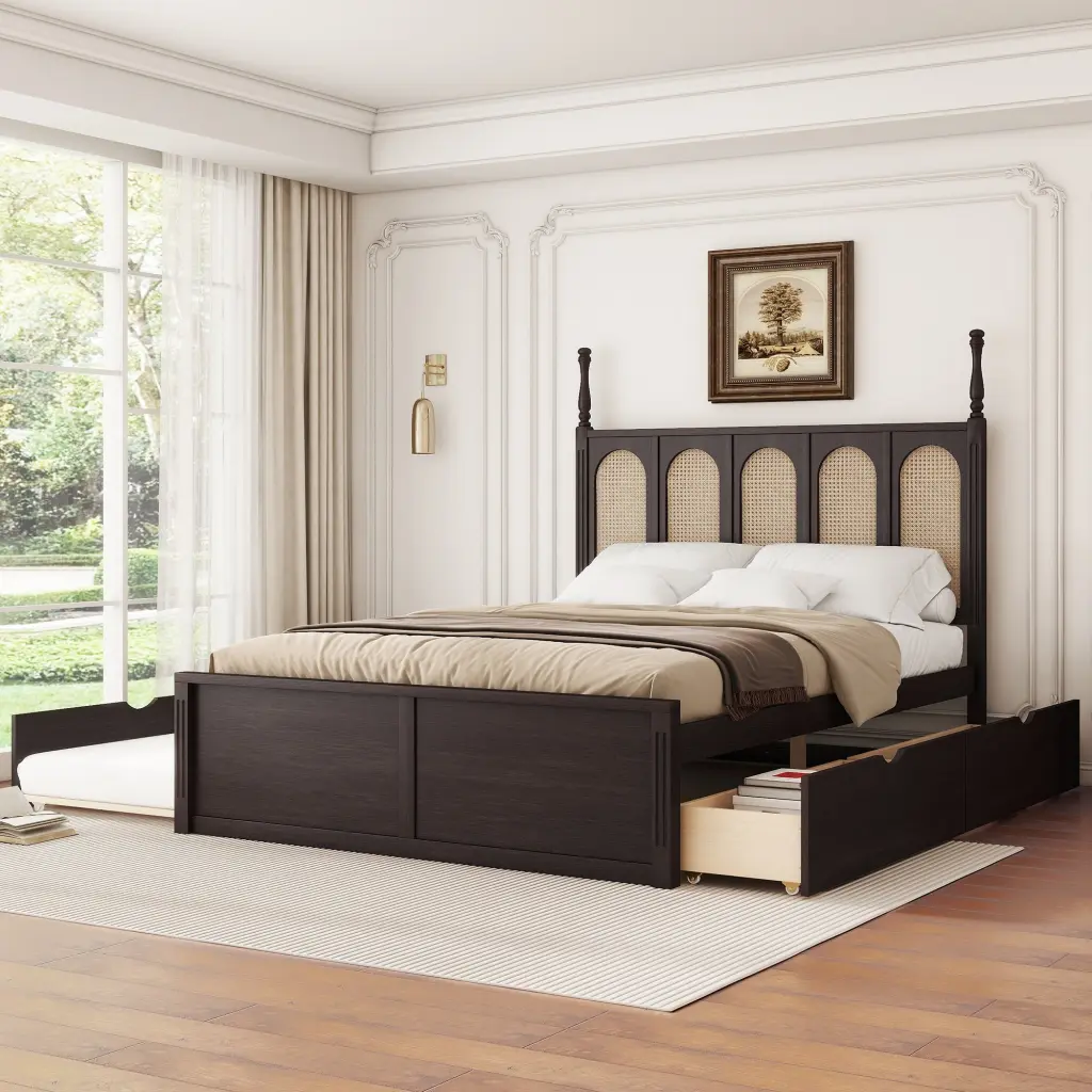 Queen Size Rattan Platform Bed 2 Big Drawers and Trundle lucky home