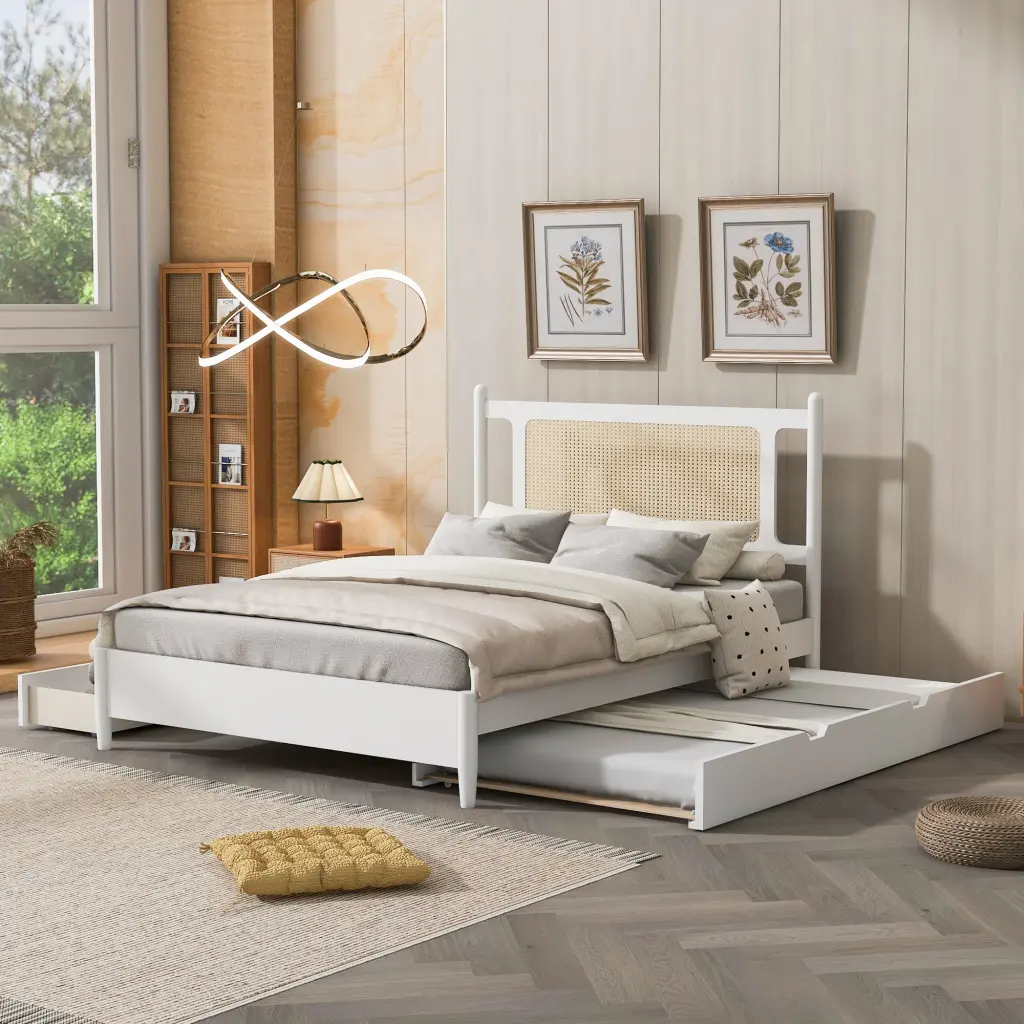 Queen Wooden Rattan Platform Bed 2 Big Drawers Tropical Style Bed Frame lucky home
