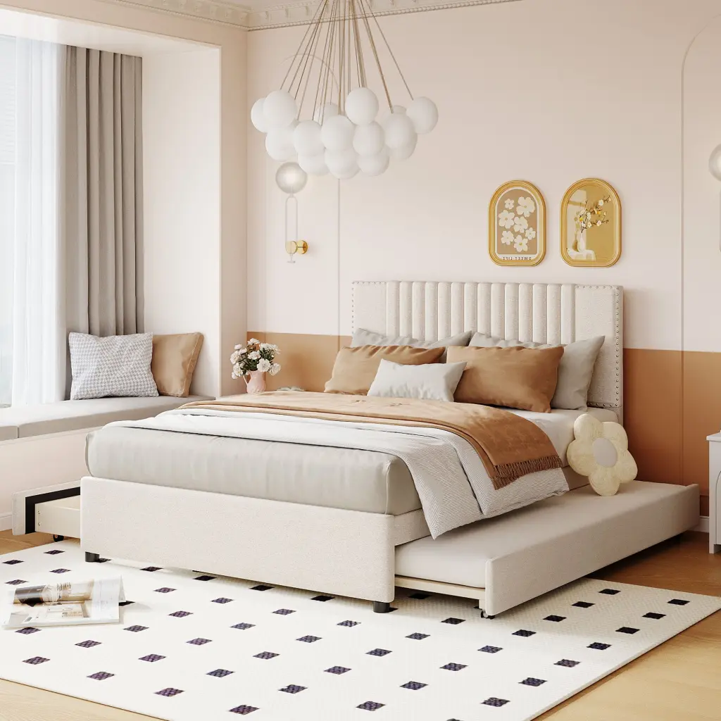 Full Dimensions Upholstered Platform Bed 2 Drawers and Twin Size Trundle lucky world