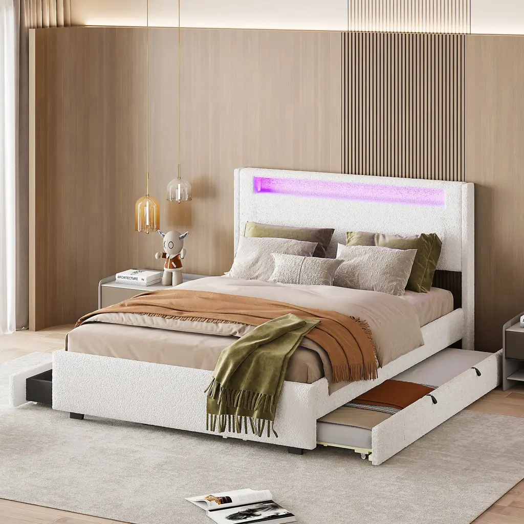 Full Dimensions Upholstered Platform Bed LED Frame, Twin Trundle Option lucky world