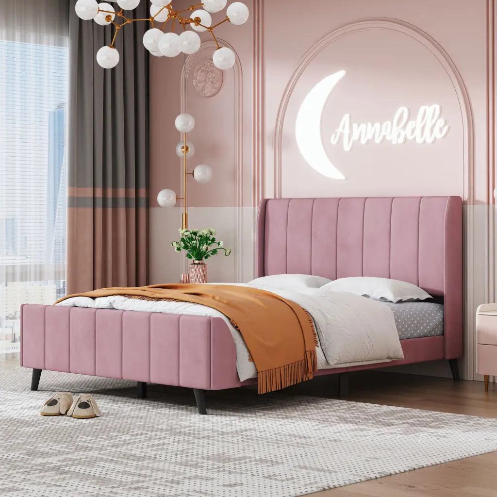Full Dimensions Upholstered Platform Bed Velvet Pink Queen Size lucky world