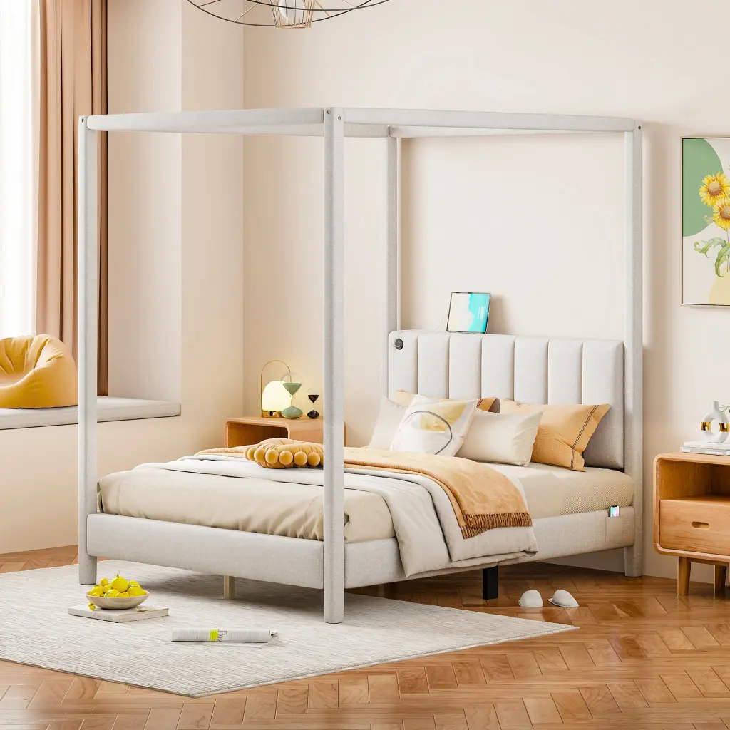 Full Size Canopy Platform Bed USB And Type C Ports Canvas Beige Bed Frame lucky world