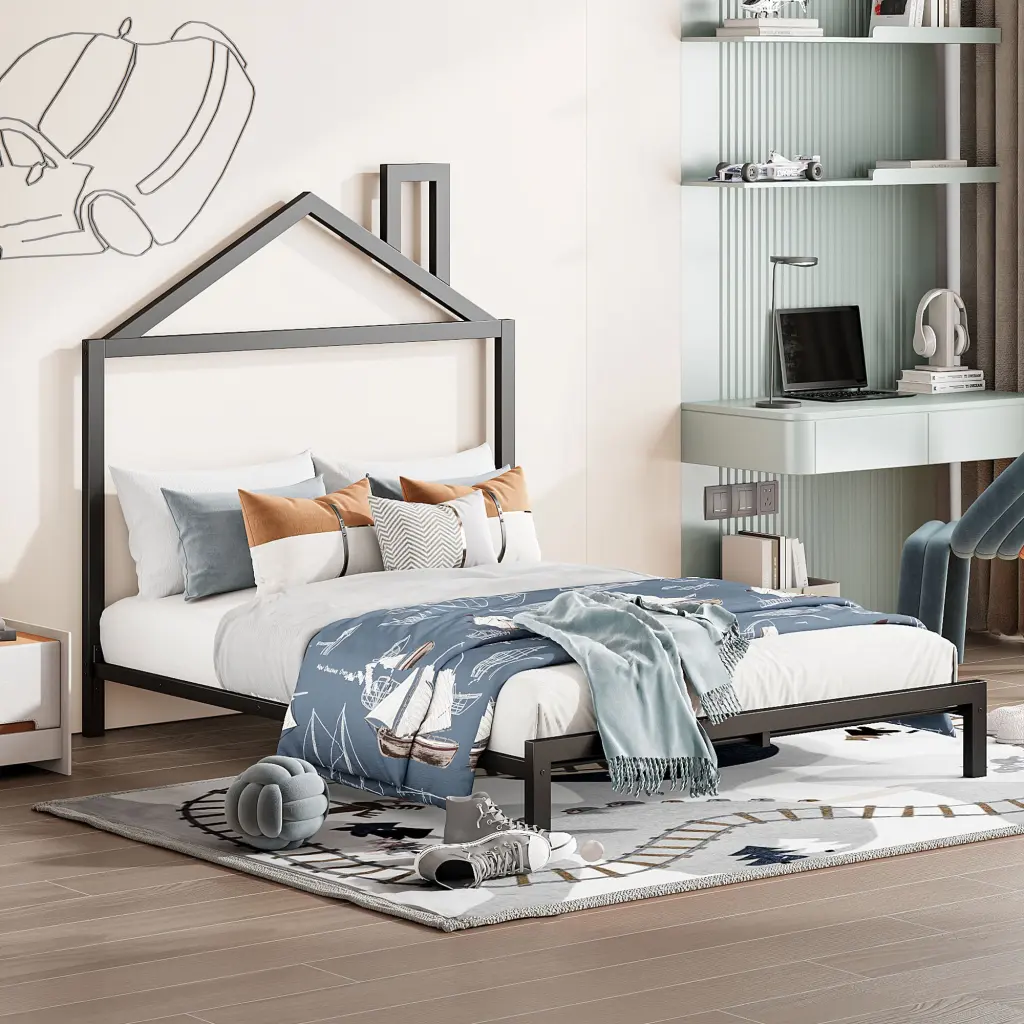 Full Size Metal Platform Bed Houtilize Headboard Black lucky world