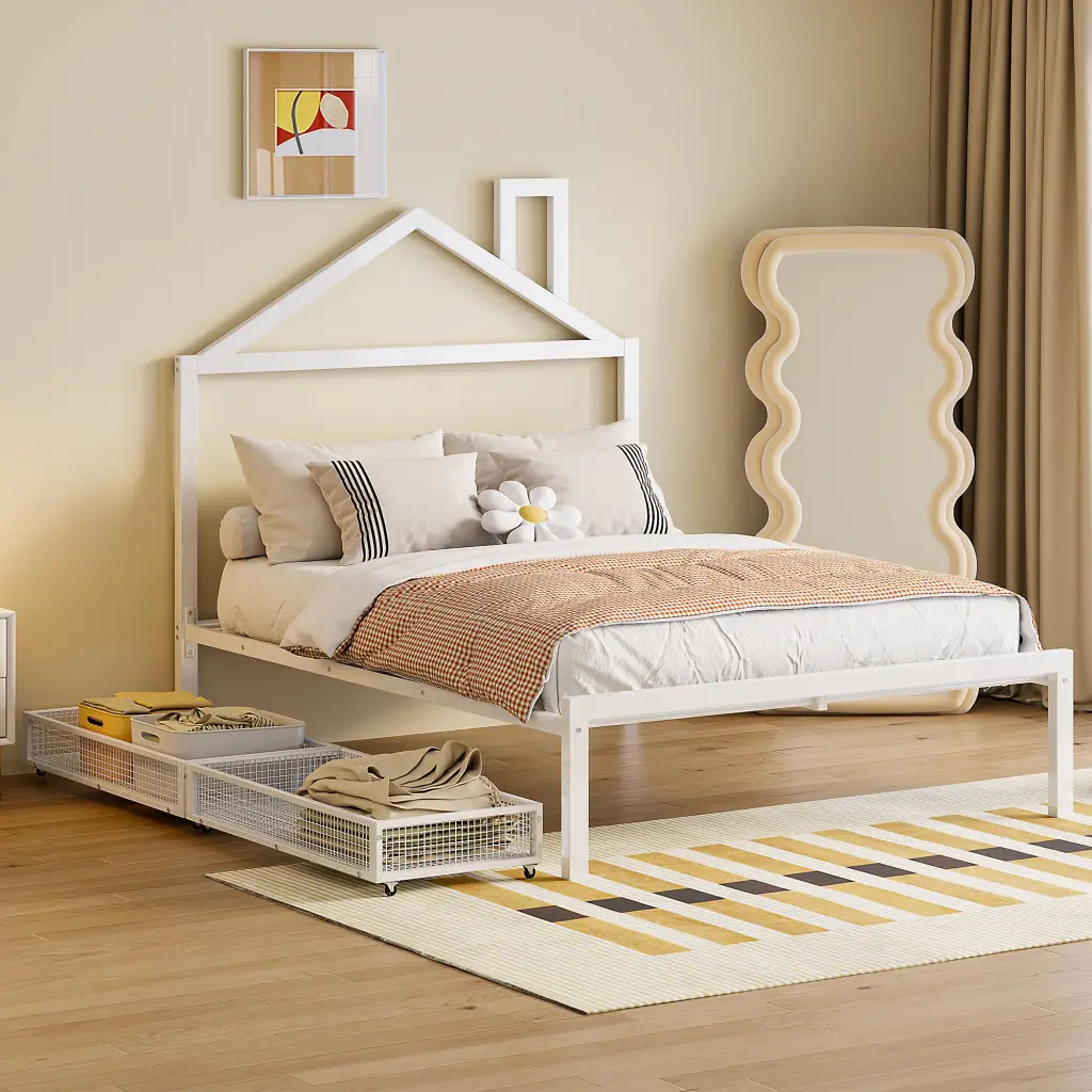 Full Size Metallic Platform Bed Two Drawers House Shaped Headboard Modern Bed Frame lucky world