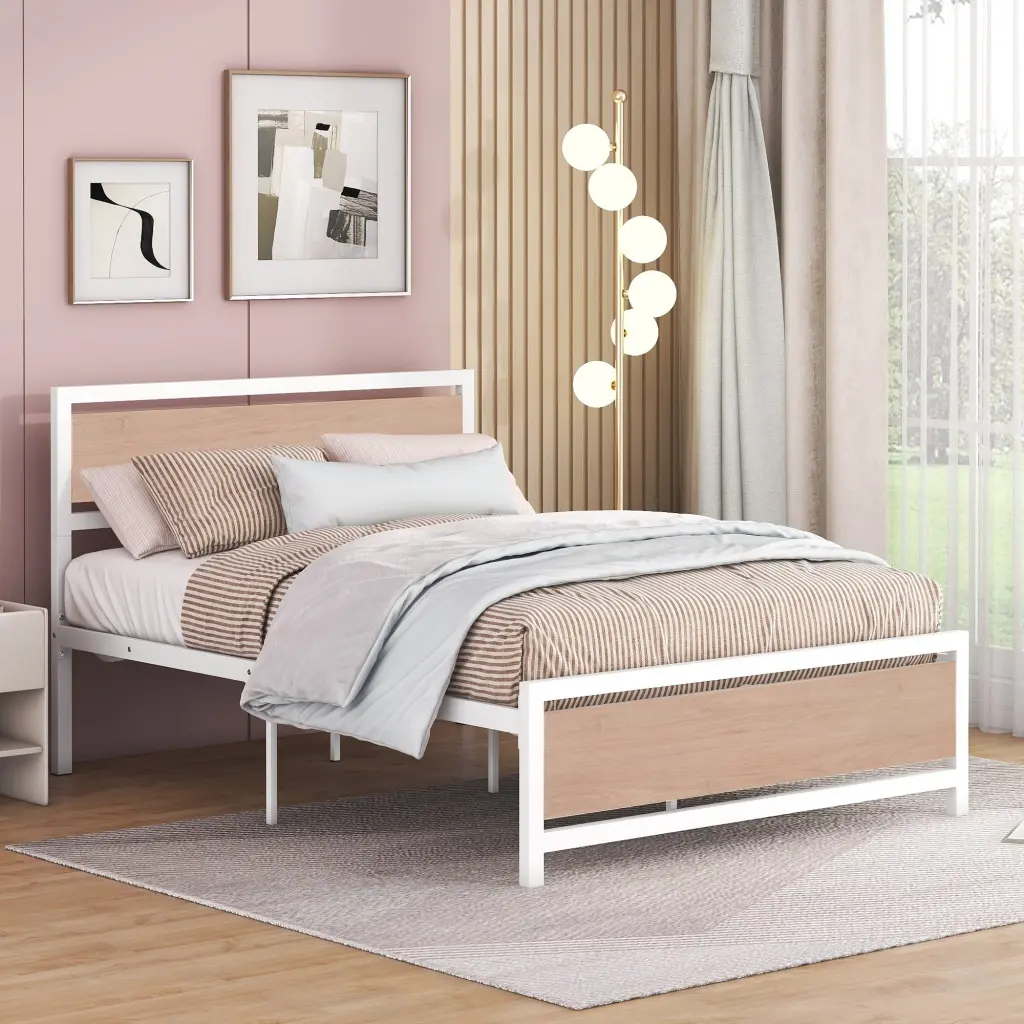 Full Size Platform Bed Metal and Wood Frame Headboard and Footboard lucky world