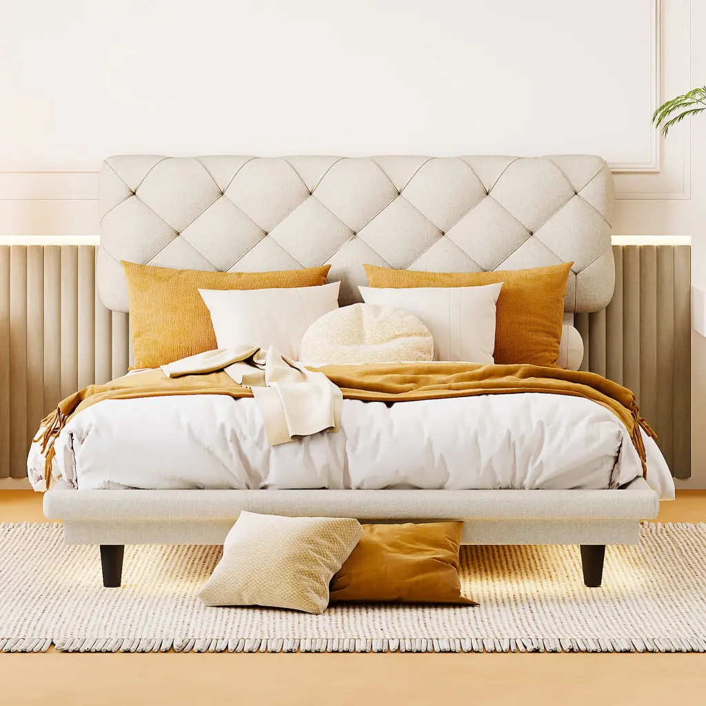 Full Size Upholstered Bed Light Stripe Floating Platform Bed Linen Fabric lucky world