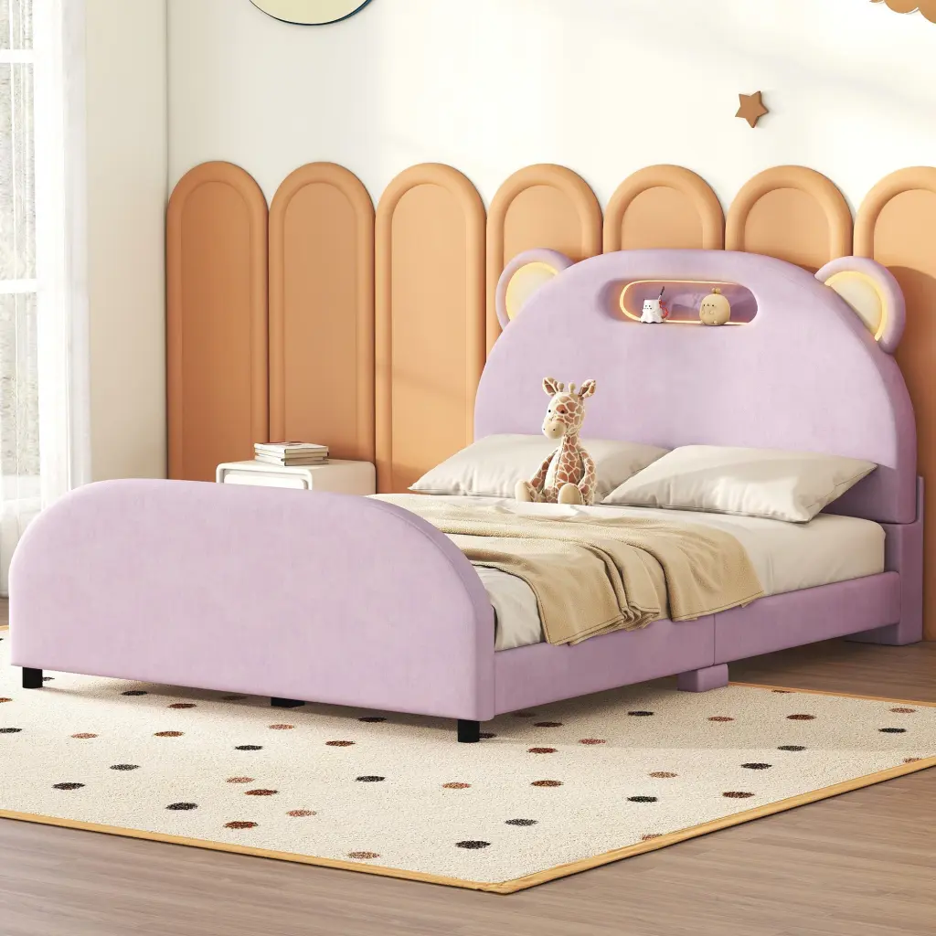 Full Size Upholstered Platform Bed Bear-Inspired Headboard and Embroidered Details lucky world