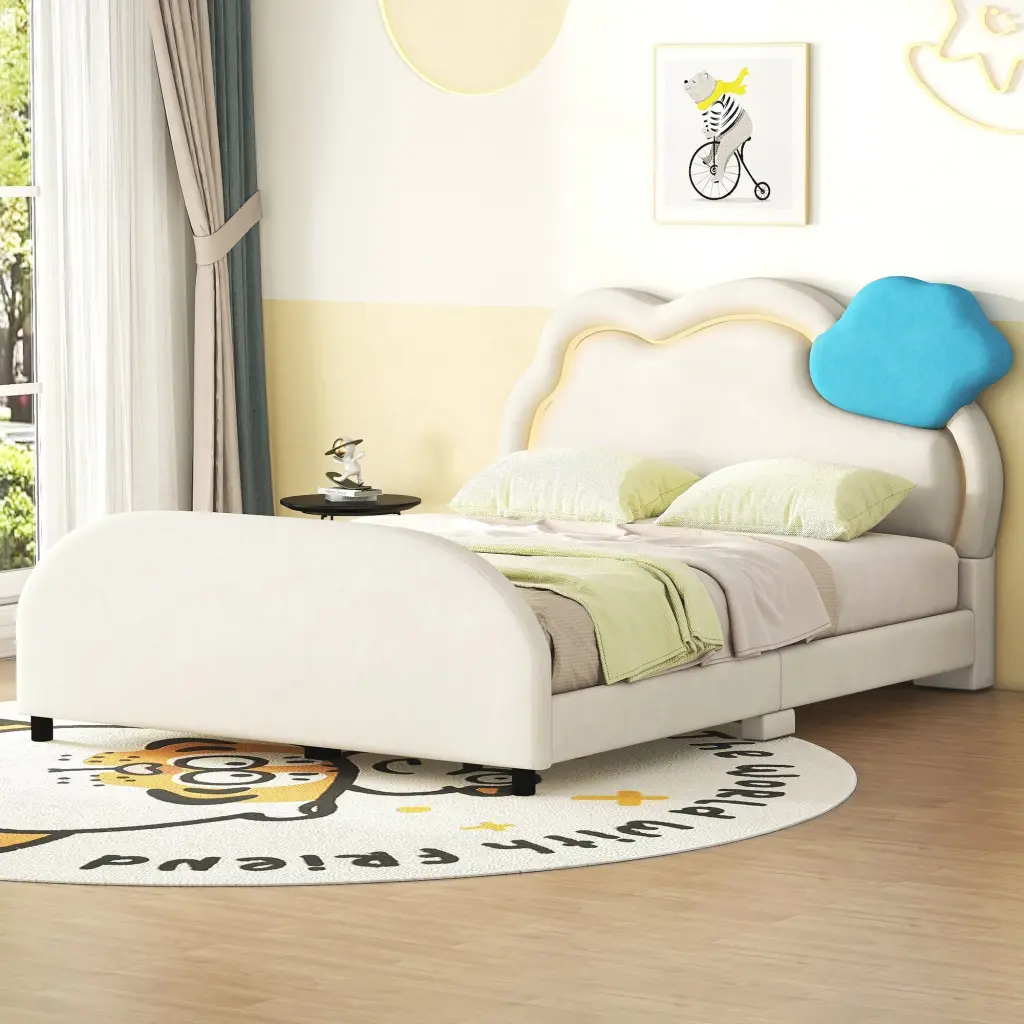 Full Size Upholstered Platform Bed Cloud Shaped Headboard and Embossed Design lucky world