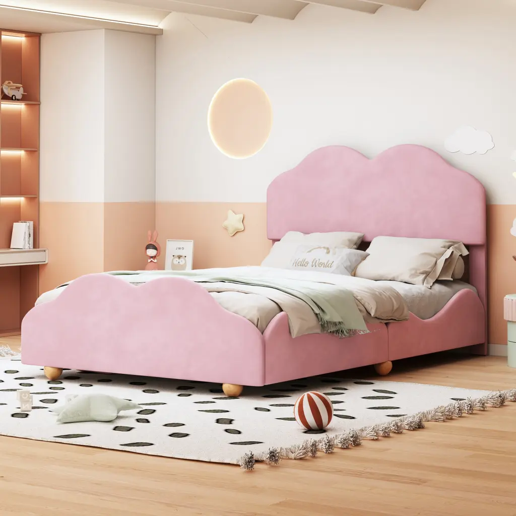 Full Size Upholstered Platform Bed Cloud Influenced Bed Board Light Grey lucky world