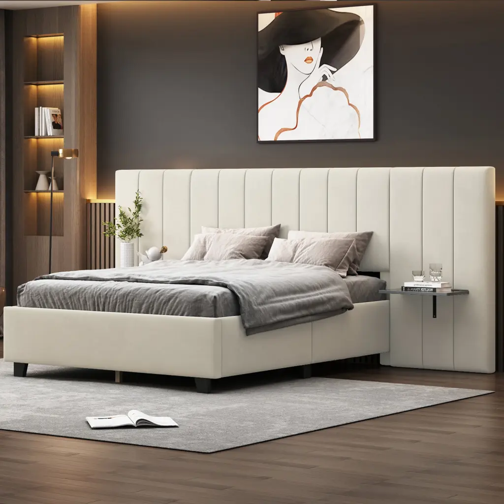 Full Size Upholstered Platform Bed Large Headboard Bedroom lucky world