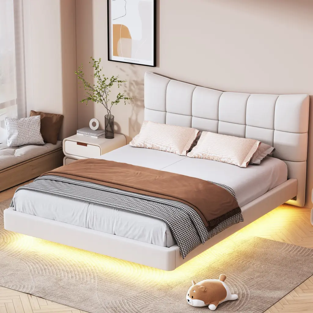 Full Size Upholstered Platform Bed Led Lights Usb Ports lucky world