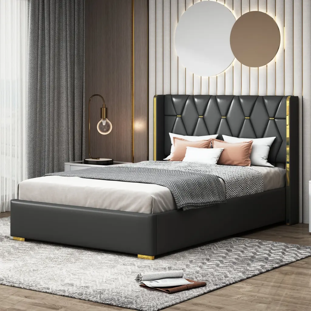 Full Size Upholstered Platform Bed Metal Strips Black lucky world