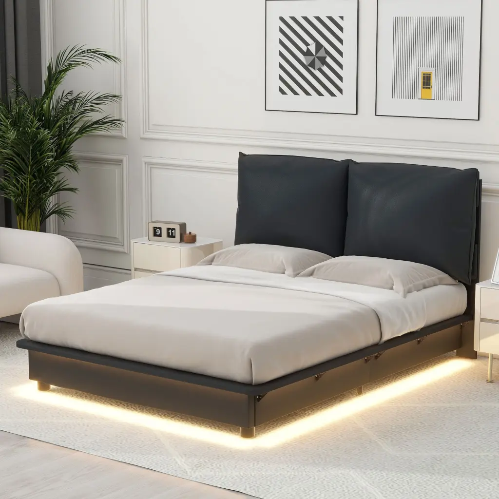 Full Size Upholstered Platform Bed Sensor Light and Ergonomic Design lucky world