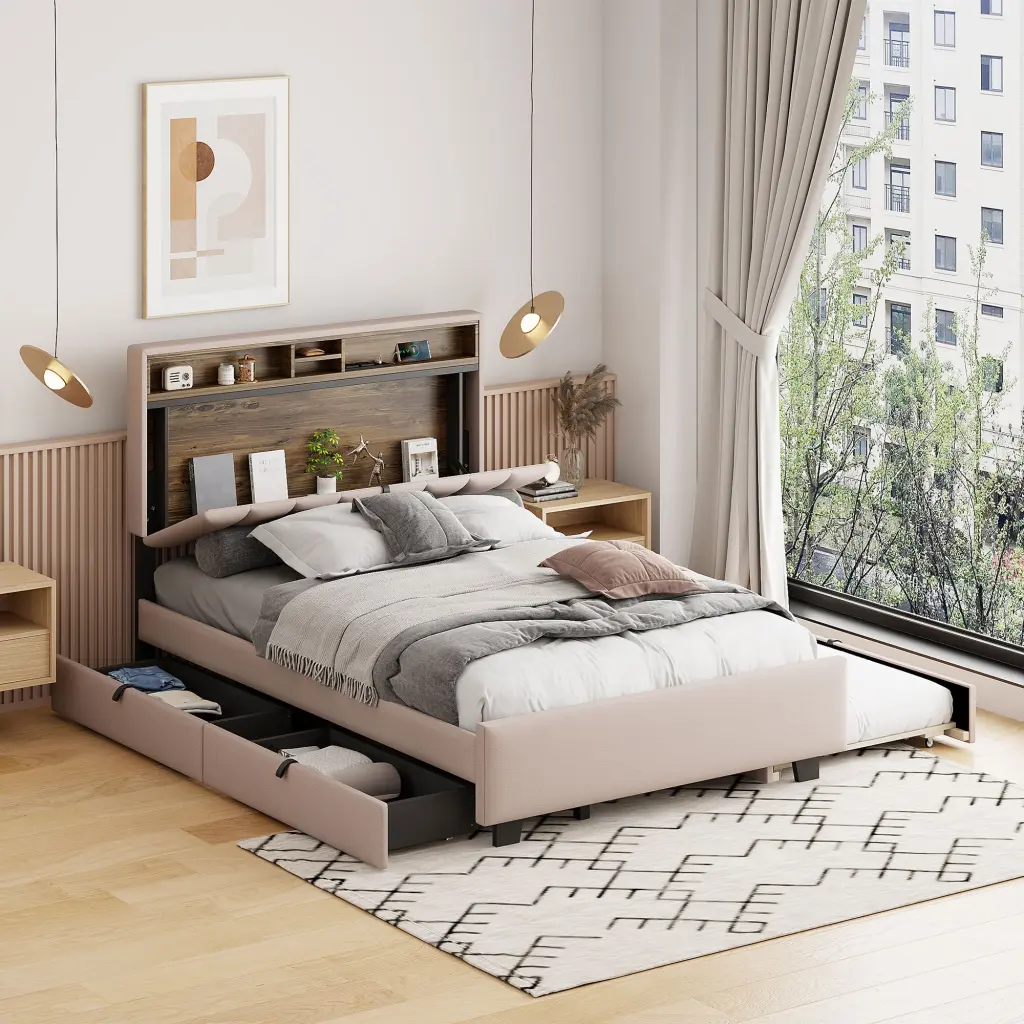 Full Size Upholstered Platform Bed Storage Headboard Twin Size lucky world