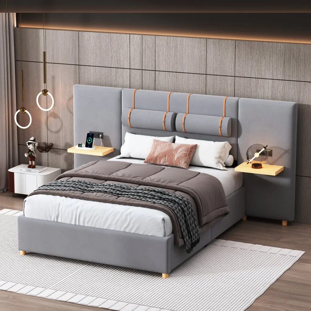 Full Size Upholstered Platform Bed Two Outlets and USB Charging Ports lucky world