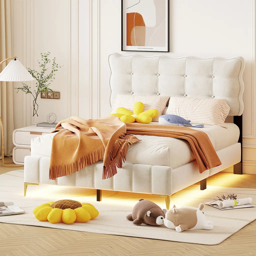 Full Size Velvet Platform Bed LED Frame And Chic Metal Bed Legs lucky world