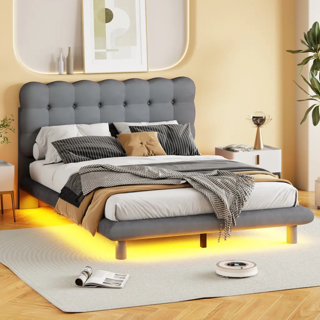 Full Size Velvet Platform Bed LED Frame Thick Soft Fabric lucky world