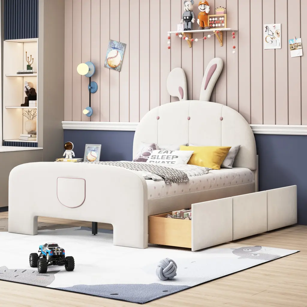 Full Size Velvet Platform Bed Rabbit Influenced Headboard and Drawers lucky world